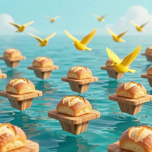 Digital artwork of floating, sesame-seeded buns on wooden platforms over turquoise water, with yellow birds flying in the bright blue sky.