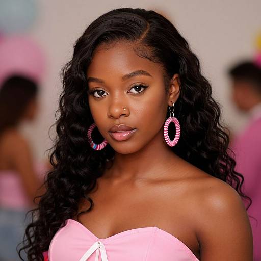 Photograph of a beautiful Black woman with long, wavy black hair, wearing a strapless pink top and pink, circular earrings, with a confident