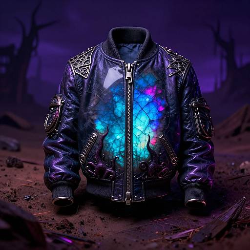 Photograph of a black, glossy, futuristic leather jacket with neon blue and purple holographic patterns, adorned with silver patches, set against a dark,
