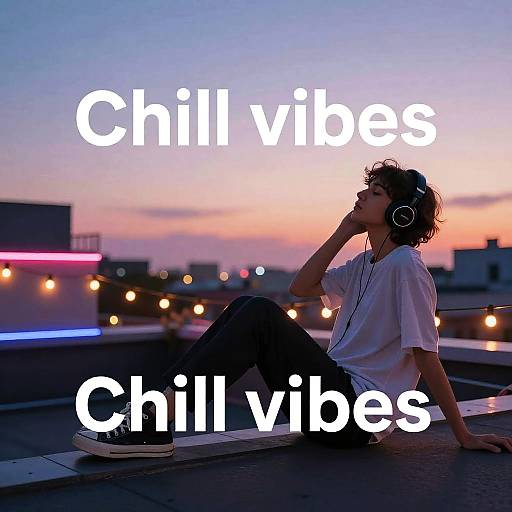 Photograph of a silhouetted, curly-haired person with headphones, white shirt, black pants, and black sneakers, sitting on a rooftop at