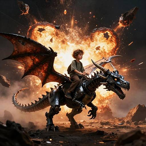Young Boy Riding Mechanical Dragon