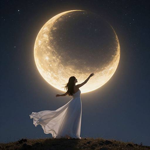 Silhouetted woman in flowing white dress reaches towards glowing full moon in dark, starry sky, her hair and dress gently blowing. Digital art