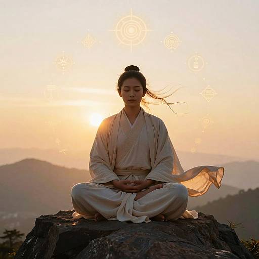 Photograph of an Asian woman in a white traditional kimono meditating on a rock at sunset, with mountains in the background.