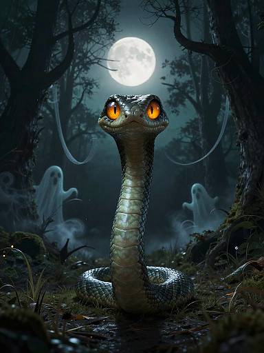 Digital artwork: A snake with glowing orange eyes and textured scales stares upwards at a full moon in a dark, eerie forest, with ghostly figures in