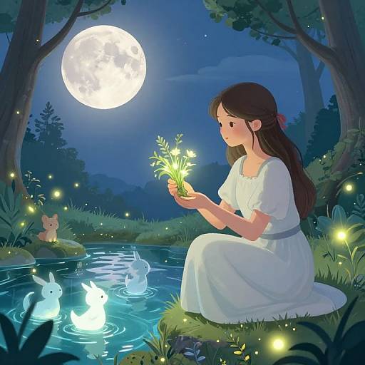 Digital illustration of a young woman in a white dress, holding glowing flowers, sitting by a moonlit forest stream with fireflies and rabbits.