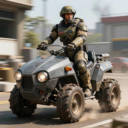 Photograph of a male soldier in full tactical gear riding a rugged, gray ATV with large tires on a busy urban street.