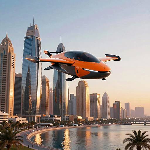 Futuristic Orange Flying Car Over City