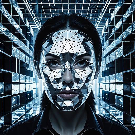 Androgyne Face Among Floating Metallic Cubes