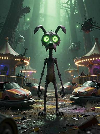 Spooky Stylized Dog in Ruined Carnival