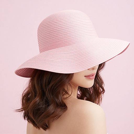 Photograph of a woman with wavy brown hair, wearing a large, white, striped sunhat, against a bright pink background.
