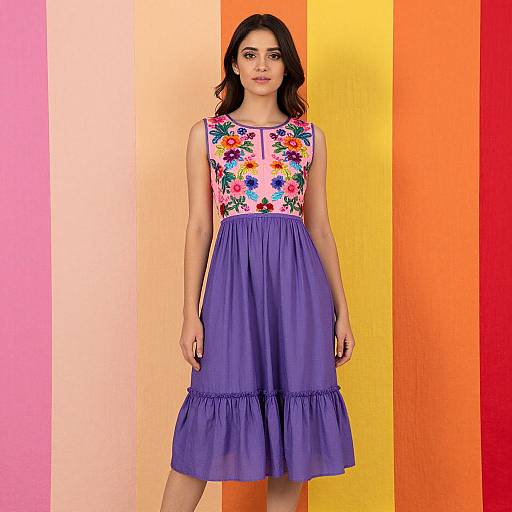 Woman in Embroidered Dress with Colorful Backdrop