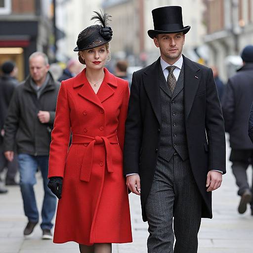 Photograph of a stylish couple walking in an urban street; woman in vibrant red coat and black hat, man in black suit and top hat. Bl