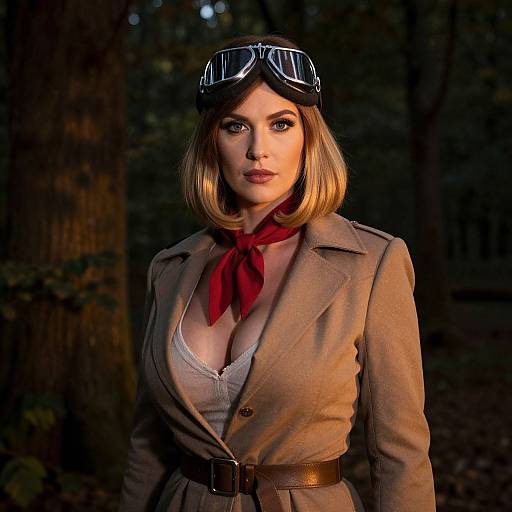Photograph of a fair-skinned woman with short blonde hair, wearing aviator goggles, brown blazer, red scarf, and white lace top,
