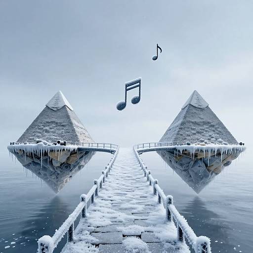 Photograph of snow-covered, ice-encrusted pyramids on either side of a wooden pier, with musical notes floating above, reflecting in calm
