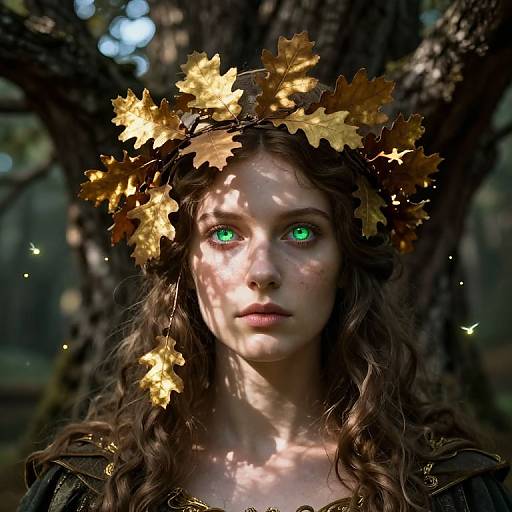 Photograph of a young woman with green eyes, curly brown hair, and a golden leaf crown, standing in a forest, dappled light on