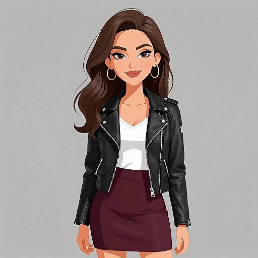 Smiling Woman in Black Leather Jacket and Burgundy Skirt