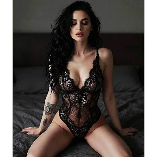 Photograph of a pale-skinned woman with long black curly hair, wearing a revealing black lace bodysuit, sitting on a dark bed, displaying