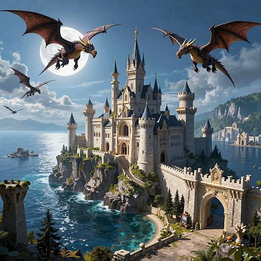 Fantasy Castle with Dragons and Moonlit Sea