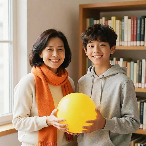 Photograph of an Asian mother and son smiling, holding a yellow balloon in a sunlit library with bookshelves in the background.