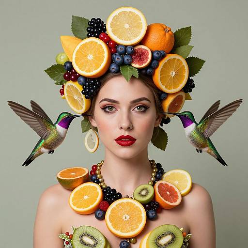 Photograph-style digital artwork of a fair-skinned woman with red lipstick, wearing a fruit crown and necklace, flanked by two hummingbirds.