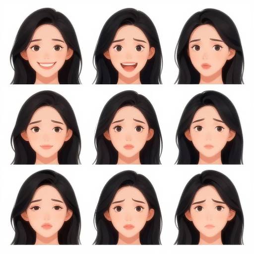 Digital illustration of a young Asian woman with black hair, displaying nine different facial expressions: happy, surprised, neutral, sad, and concerned. White background