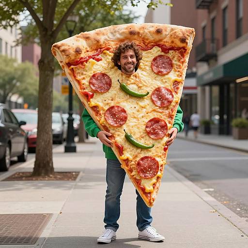 Man Wearing Oversized Pepperoni Pizza Costume on Urban Sidewalk