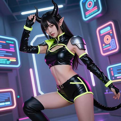 Female Demon in Cyberpunk Neon Outfit