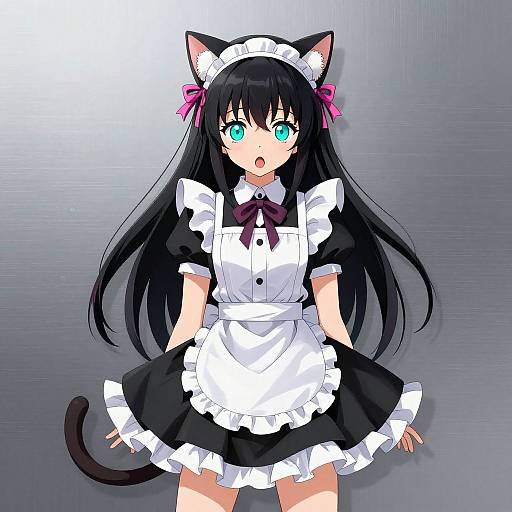 Anime-style digital drawing of a surprised, blue-eyed girl with long black hair, cat ears, pink ribbons, and a black and white maid outfit