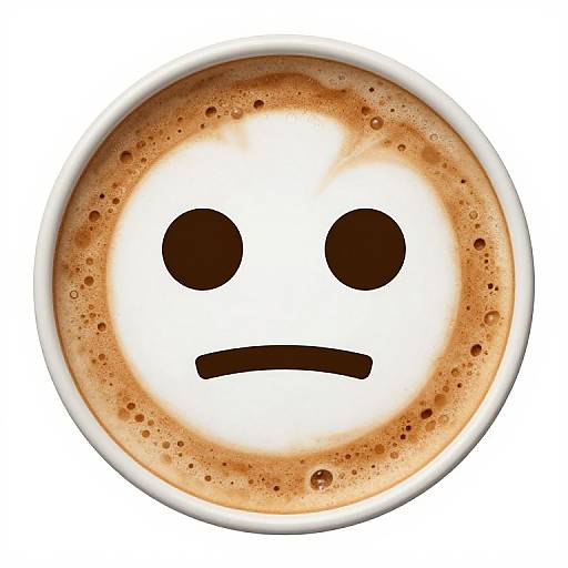 Digital artwork of a coffee cup with a sad face: large black dots for eyes, a black line for a mouth, on a creamy, speck