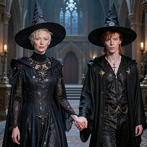 Photograph of two witches with black hats and elaborate black outfits, holding hands in a gothic cathedral, illuminated by soft candles.