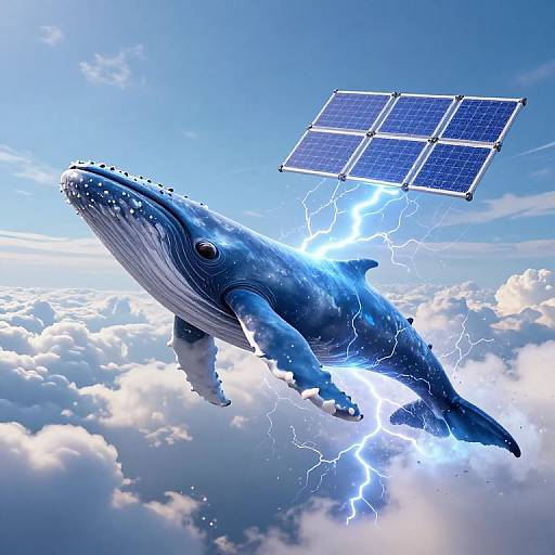 Digital artwork of a blue whale with solar panels emitting lightning, soaring through a bright, cloudy sky. Whale's textured skin and dynamic pose contrast with the