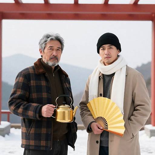 Serious Men on Snowy Mountain Scene