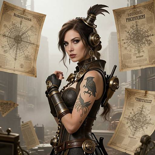 Digital artwork of a tattooed, dark-haired woman in steampunk armor, surrounded by floating ancient maps, in a foggy, industrial city.