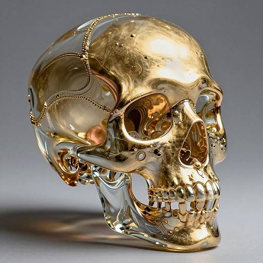 Photorealistic CGI of a gold-plated human skull with intricate, ornate patterns, glowing under soft light, casting a shadow on a gray background