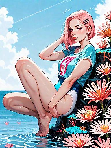 Sporty Woman in Color Block Swimsuit by the Sea