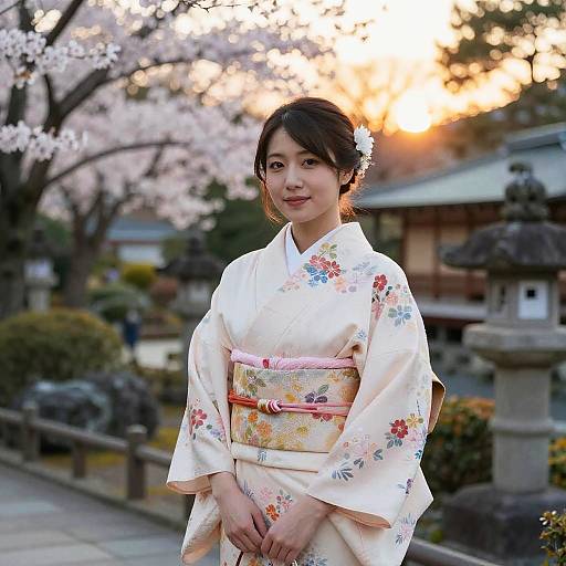 Japanese Woman in Floral Kimono at Sunset