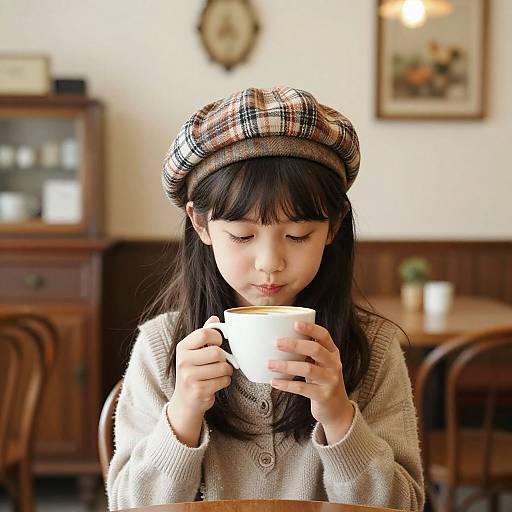 Photograph of an Asian girl with long black hair, wearing a plaid beret and beige sweater, sipping from a white mug in a cozy
