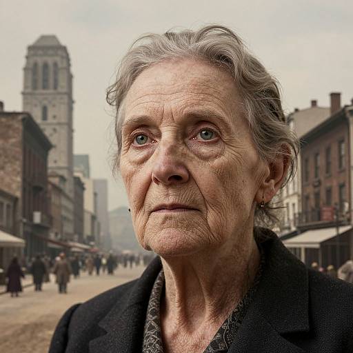 Photograph of an elderly woman with gray, wavy hair, deep wrinkles, and blue eyes, standing in a historic, cobblestone street with