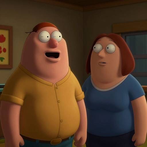 Cartoon still of overweight, round-eyed characters; man in yellow shirt, woman in blue shirt, indoors with dim lighting, framed art in background.