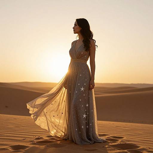 Silhouetted woman in a flowing, star-patterned evening gown stands in a golden desert at sunset, with sun rays glowing behind her. Phot