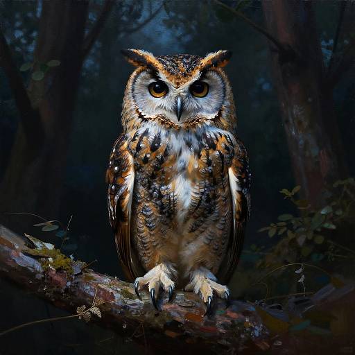 Digital painting of a detailed, luminescent owl with striking brown, white, and orange feathers, perched on a mossy branch in a dark