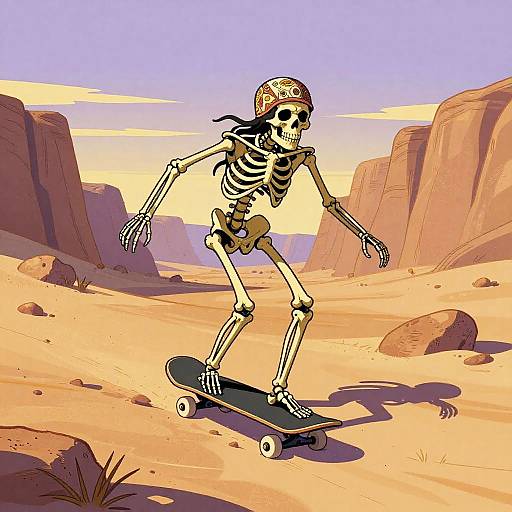 Skeleton Surfer in Art Nouveau Desert