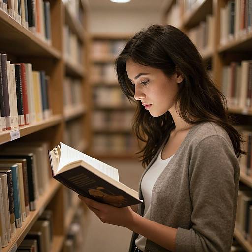 Photograph of a young woman with long dark hair, wearing a gray cardigan over a white top, reading a book in a library aisle lined with