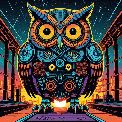 Colorful Cybernetic Owl at Neo-Seoul Space Pier