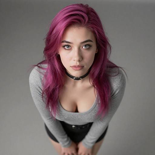 Young Woman with Vibrant Pink Hair Wearing Choker