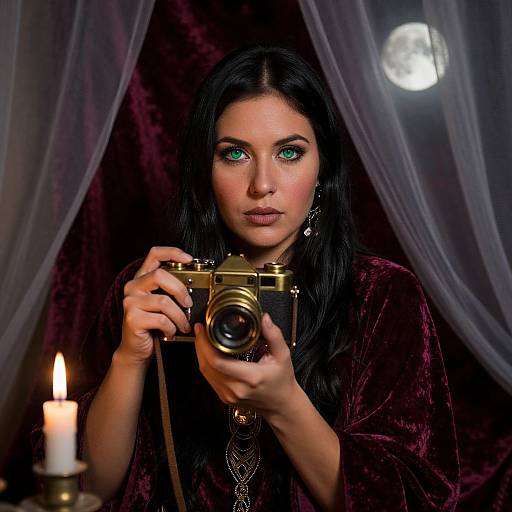 Photograph of a dark-haired woman with striking green eyes, holding a vintage camera, wearing a purple velvet robe, candle lit, moon visible through sheer