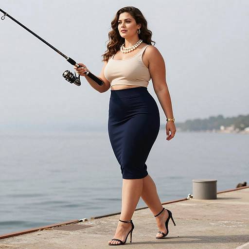 Photograph of a curvy woman with wavy brown hair, wearing a beige tank top, navy pencil skirt, black heels, and pearl necklace,
