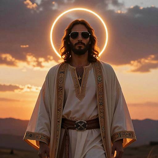 Modern Jesus with Halo at Sunset