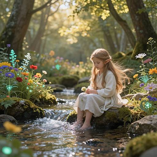 Photograph of a young blonde girl in a white dress, sitting by a sunlit forest stream, touching the water with colorful flowers and glowing lights surrounding