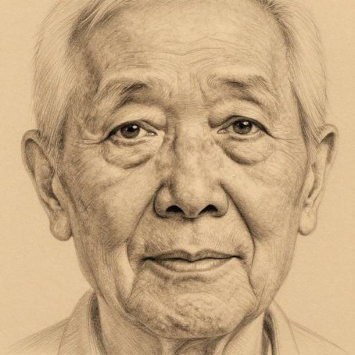 Sepia-toned pencil drawing of an elderly man with short white hair, wrinkles, and a gentle smile, facing forward. Detailed facial expression and texture